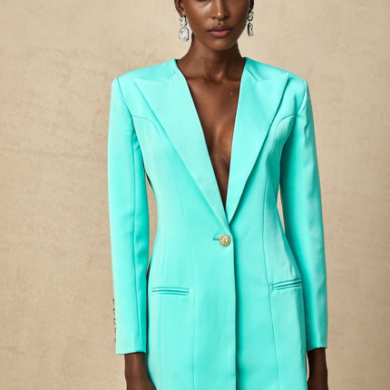 Annalee Mint Green Long Sleeve Mini Dress with Peak Lapels and Embossed Gold-Tone Buttons