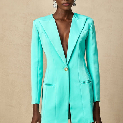 Annalee Mint Green Mini Dress with Long Sleeves and Embossed Gold-Tone Buttons
