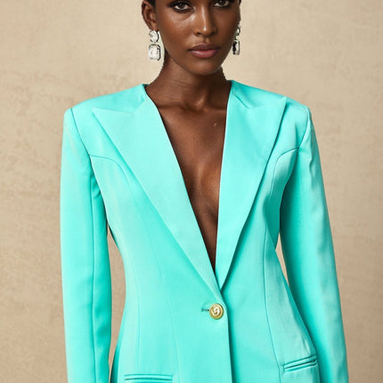 Annalee Mint Green Mini Dress with Long Sleeves and Embossed Gold-Tone Buttons