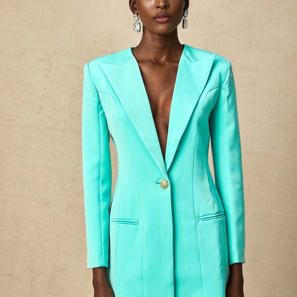 Annalee Mint Green Mini Dress with Long Sleeves and Embossed Gold-Tone Buttons