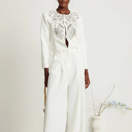 Annalee White Crystal Embellished Jacket Trousers Matching Set