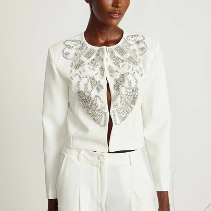 Annalee White Crystal Embellished Jacket Trousers Matching Set