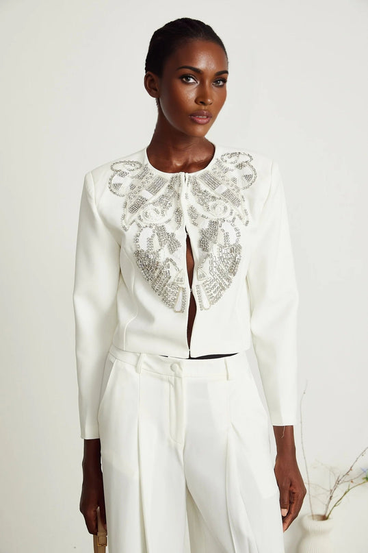 Annalee White Crystal Embellished Jacket Trousers Matching Set