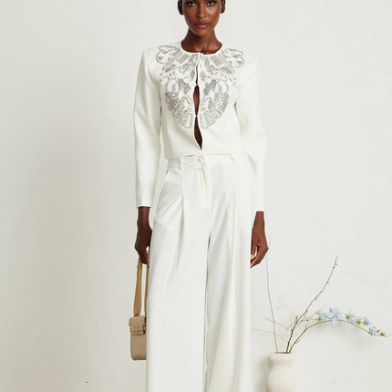 Annalee White Crystal Embellished Jacket Trousers Matching Set