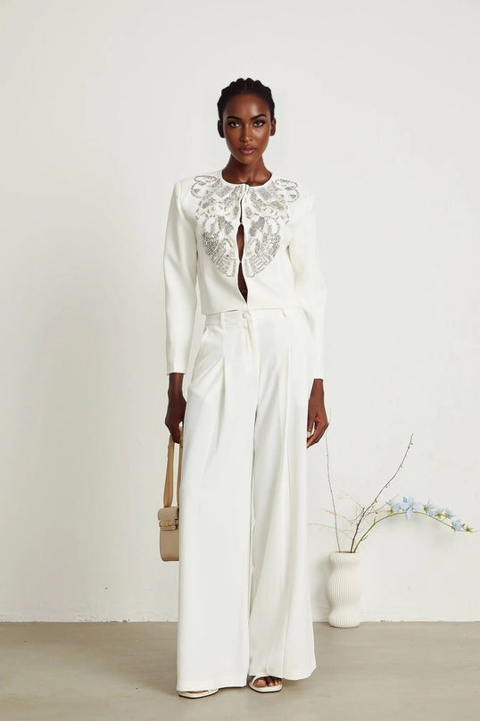 Annalee White Crystal Embellished Jacket Trousers Matching Set