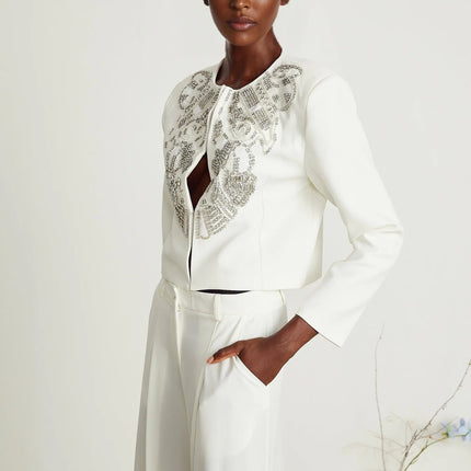 Annalee White Crystal Embellished Jacket Trousers Matching Set