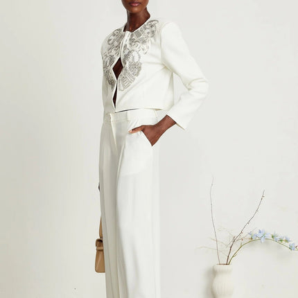Annalee White Crystal Embellished Jacket Trousers Matching Set