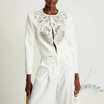 Annalee White Crystal Embellished Jacket Trousers Matching Set