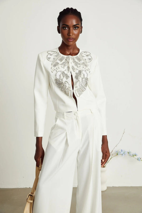 Annalee White Crystal Embellished Jacket Trousers Matching Set