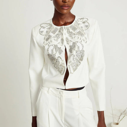 Annalee White Crystal Embellished Jacket Trousers Matching Set
