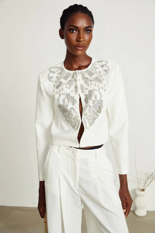 Annalee White Crystal Embellished Jacket Trousers Matching Set
