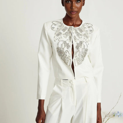 Annalee White Crystal Embellished Matching Set Jacket Trousers