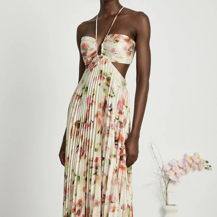 Annalee Yellow Floral Maxi Dress with Halter Neck and Cut-Out Design