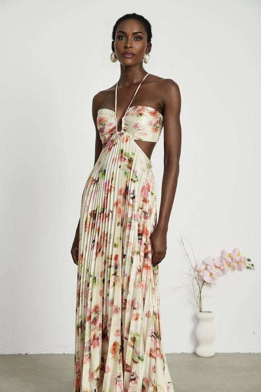 Annalee Yellow Floral Maxi Dress with Halter Neck and Cut-Out Design