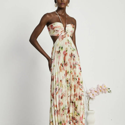 Annalee Yellow Floral Maxi Dress with Halter Neck and Cut-Out Design