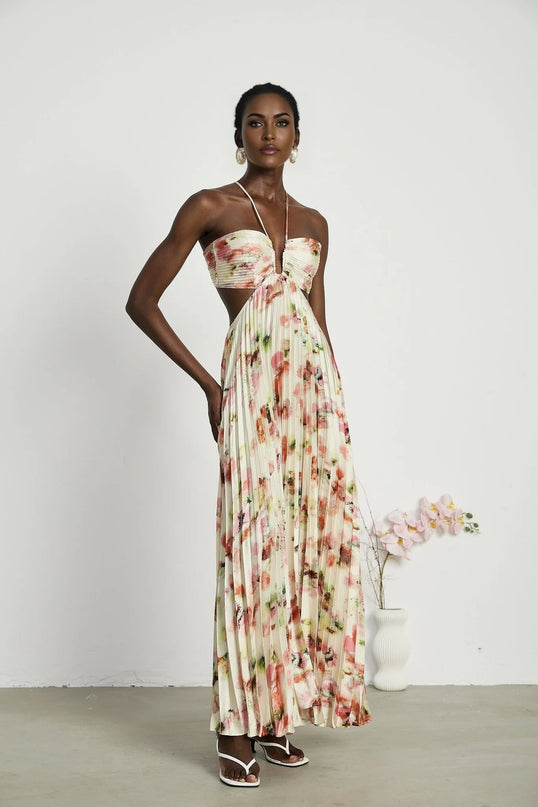 Annalee Yellow Floral Maxi Dress with Halter Neck and Cut-Out Design