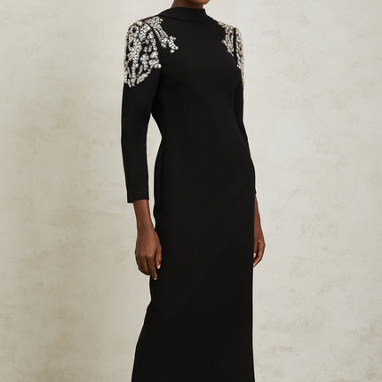 Annalisa Black Crystal Embellished Maxi Dress with Open Back and Shawl Lapels