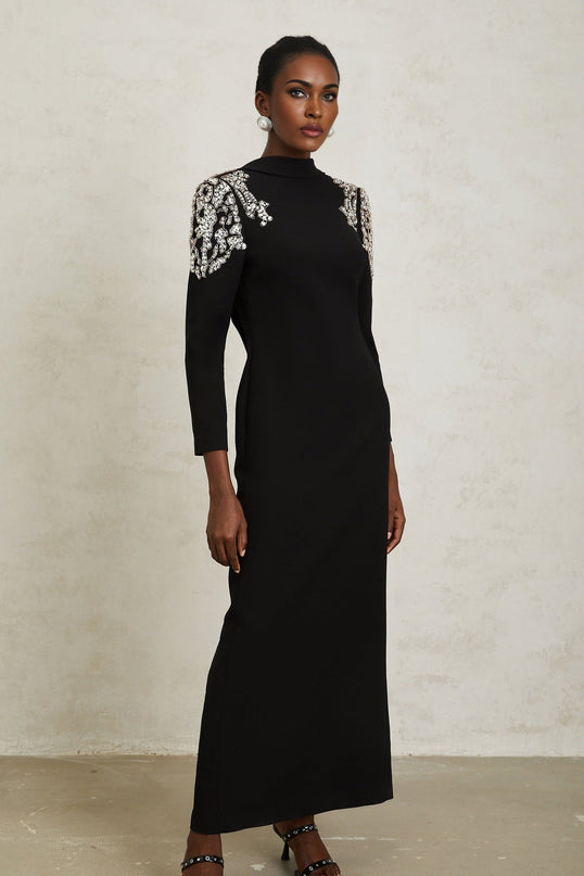 Annalisa Black Crystal Embellished Maxi Dress with Open Back and Shawl Lapels