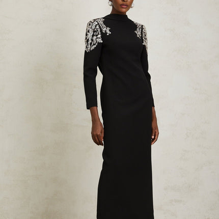 Annalisa Black Crystal Embellished Maxi Dress with Open Back and Shawl Lapels