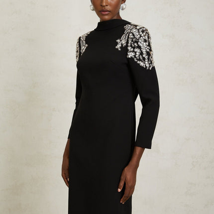 Annalisa Black Crystal Embellished Maxi Dress with Open Back and Shawl Lapels