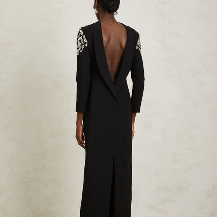 Annalisa Black Crystal Embellished Maxi Dress with Open Back and Shawl Lapels