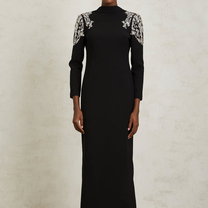 Annalisa Black Crystal Embellished Maxi Dress with Open Back and Shawl Lapels