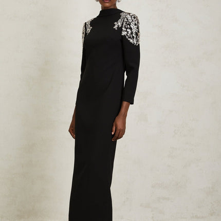 Annalisa Black Crystal Embellished Maxi Dress with Open Back and Shawl Lapels