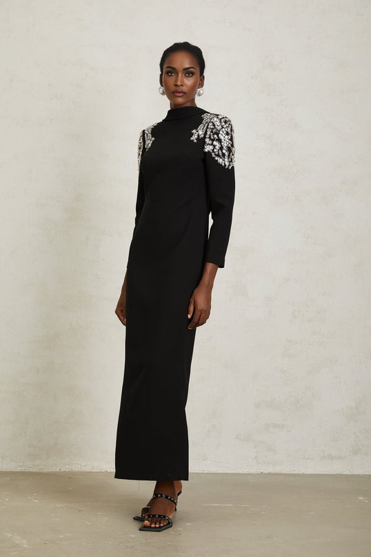 Annalisa Black Crystal Embellished Maxi Dress with Open Back and Shawl Lapels
