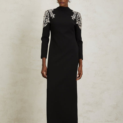 Annalisa Black Crystal Embellished Maxi Dress with Open Back and Rear Slit