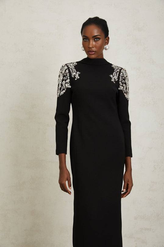 Annalisa Black Crystal Embellished Maxi Dress with Open Back and Shawl Lapels