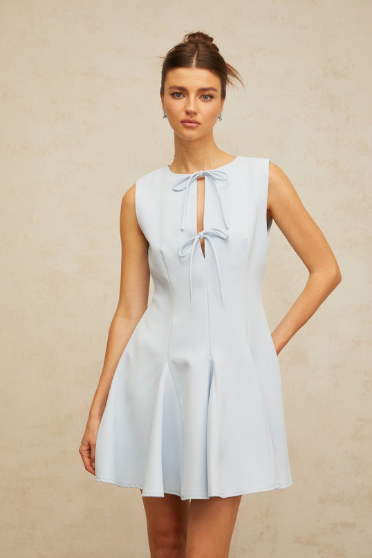 Annalisa Blue Mini Dress with Godet Design and Cut-Out Detailing