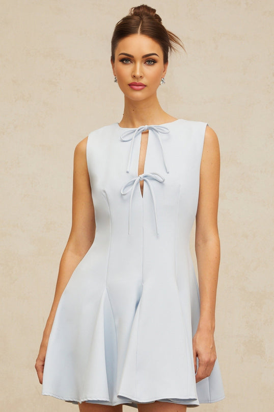 Annalisa Blue Mini Dress with Godet Design and Cut-Out Detailing