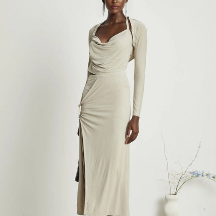 Annalisa Light Khaki Grey Skirt Top Set Matching Outfit Cupro Elastane Cowl Neck Halter Strap Side Slit Gold Buckle Knot