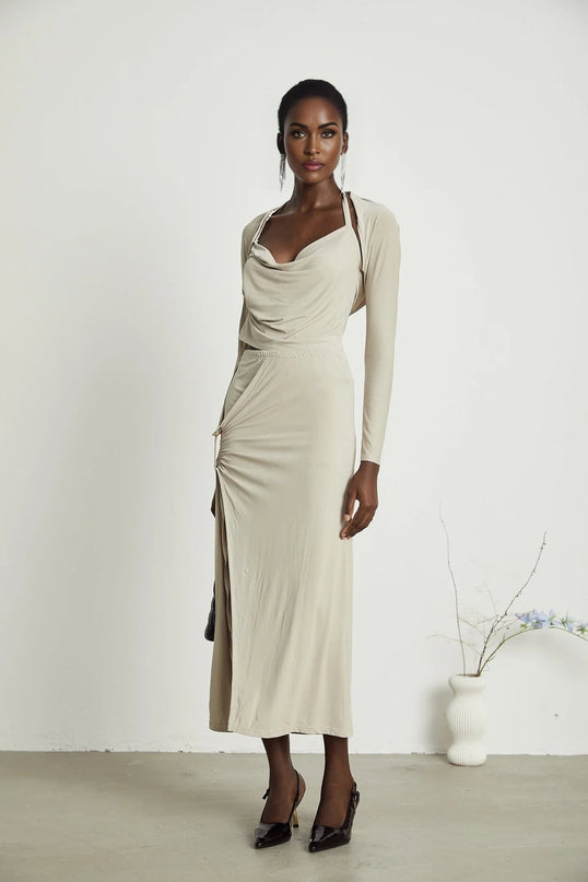Annalisa Light Khaki Grey Skirt Top Set Matching Outfit Cupro Elastane Cowl Neck Halter Strap Side Slit Gold Buckle Knot