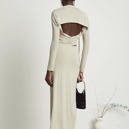 Annalisa Light Khaki Grey Skirt Top Set Matching Outfit Cupro Elastane Cowl Neck Long Sleeves Cut-Out Design Halter Strap Gold-Tone Buckle Fastening Decorative Knot Calf-Length Hem