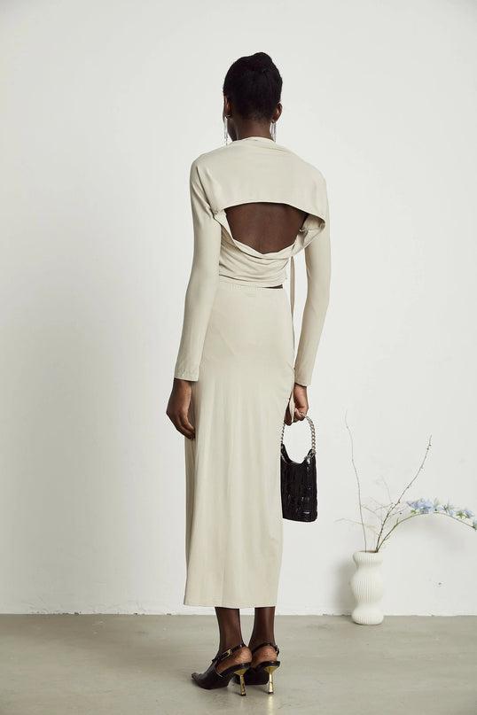 Annalisa Light Khaki Grey Skirt Top Set Matching Outfit Cupro Elastane Cowl Neck Long Sleeves Cut-Out Design Halter Strap Gold-Tone Buckle Fastening Decorative Knot Calf-Length Hem
