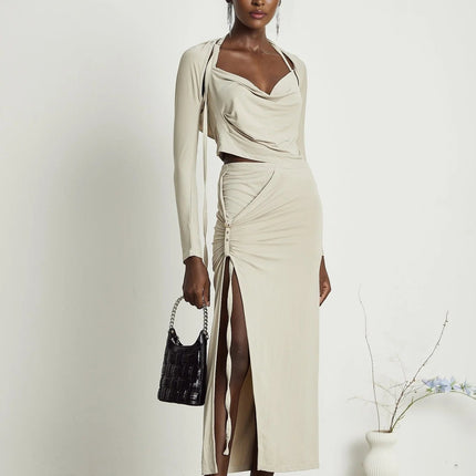 Annalisa Light Khaki Grey Skirt Top Set Matching Outfit Cupro Elastane Cowl Neck Long Sleeves Cut-Out Design Pin-Buckle Halter Strap Low-Rise Silhouette Gathered Effect Side Slit Gold-Tone Buckle Fastening Decorative Knot Calf-Length Hem