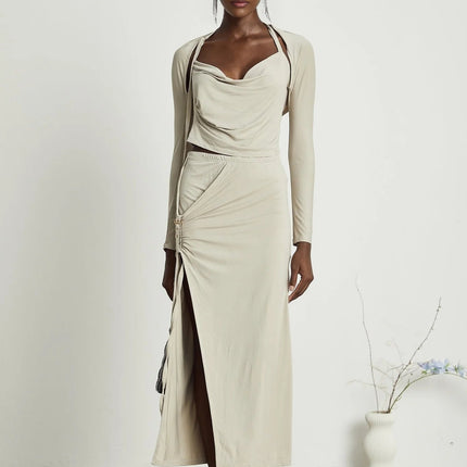 Annalisa Light Khaki Grey Skirt Top Set Matching Outfit Cupro Elastane Cowl Neck Long Sleeves Cut-Out Design Adjustable Pin-Buckle Halter Strap Low-Rise Silhouette Gathered Effect Side Slit Gold-Tone Buckle Fastening Decorative Knot Calf-Length Hem Modern Femininity Exquisite Ensemble