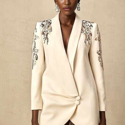 Annalisa Neutrals Blazer V-neck long sleeves crystal embellishments sequined detailing wrap silhouette press-stud button fastening mini length 75% Cotton 25% Polyester
