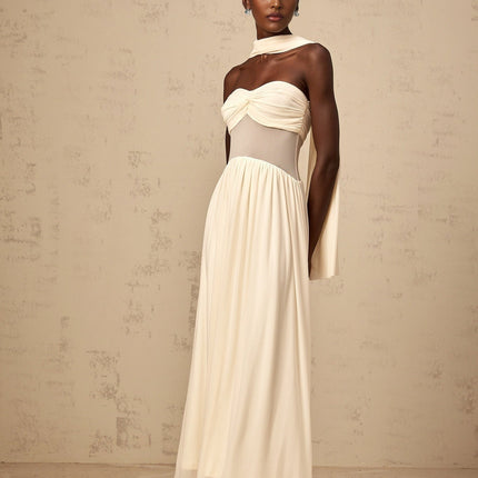 Annalisa Neutrals Mesh Midi Dress with Scarf-Design Neckline and Ruched Panels