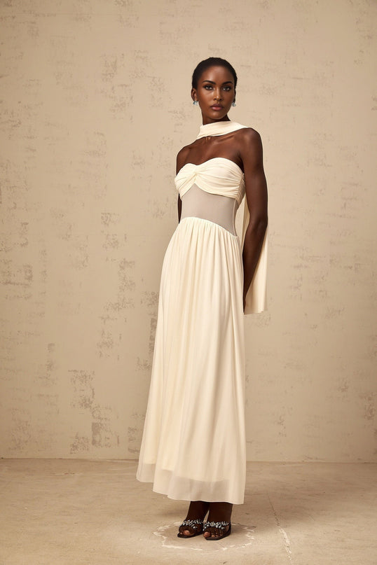 Annalisa Neutrals Mesh Midi Dress with Scarf-Design Neckline and Ruched Panels