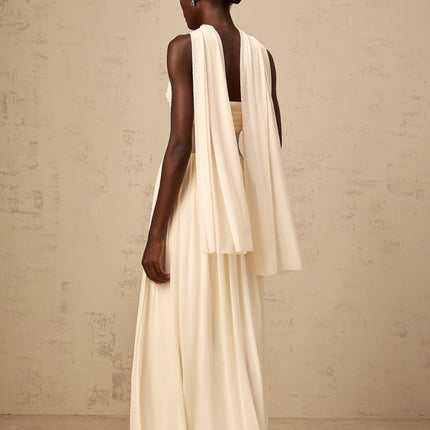 Annalisa Neutrals Mesh Scarf-Design Midi Dress Ruched Panels Stretch Semi-Sheer Panelled Detailing Flattering Length Timeless Charm Luxury Statement Piece