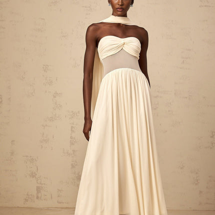 Annalisa Neutrals Mesh Scarf-Design Ruched Midi Dress