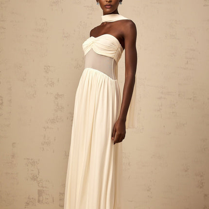 Annalisa Neutrals Mesh Scarf-Design Ruched Panels Midi Dress