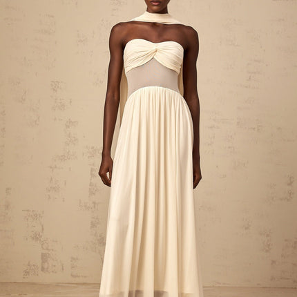 Annalisa Neutrals Mesh Scarf Neckline Ruched Midi Dress