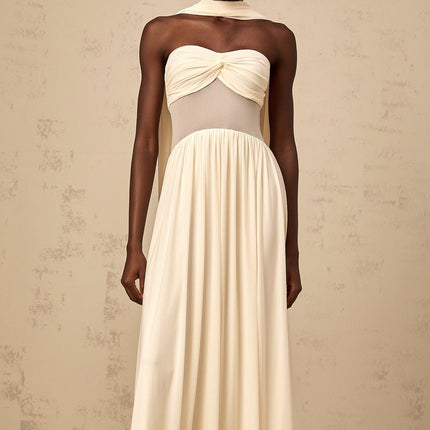 Annalisa Neutrals Mesh Scarf Neckline Ruched Midi Dress
