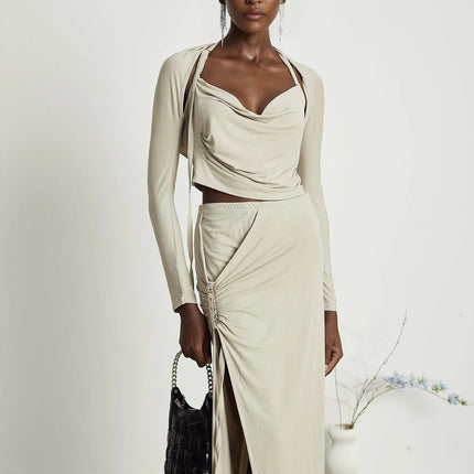 Annalisa Light Khaki Grey Skirt Top Set Matching Outfit Cupro Elastane Cowl Neck Halter Strap Side Slit Gold Buckle Knot Calf Length