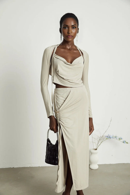 Annalisa Light Khaki Grey Skirt Top Set Matching Outfit Cupro Elastane Cowl Neck Halter Strap Side Slit Gold Buckle Knot Calf Length