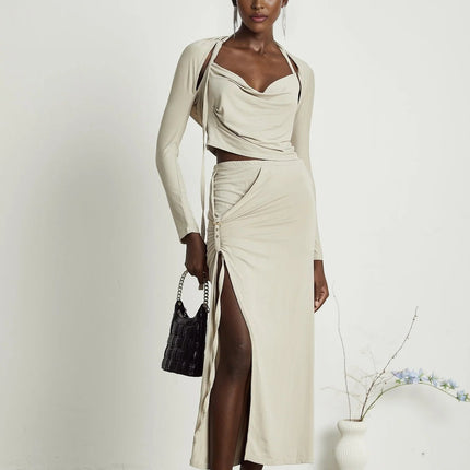 Annalisa Light Khaki Grey Skirt Top Set Matching Outfit Cupro Elastane Cowl Neck Long Sleeves Cut-Out Design Pin-Buckle Halter Strap Low-Rise Silhouette Gathered Effect Side Slit Gold-Tone Buckle Fastening Decorative Knot Calf-Length Hem