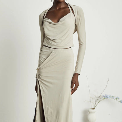 Annalisa Light Khaki Grey Skirt Top Set Matching Outfit Cupro Elastane Gold Buckle Halter Strap Side Slit Calf Length